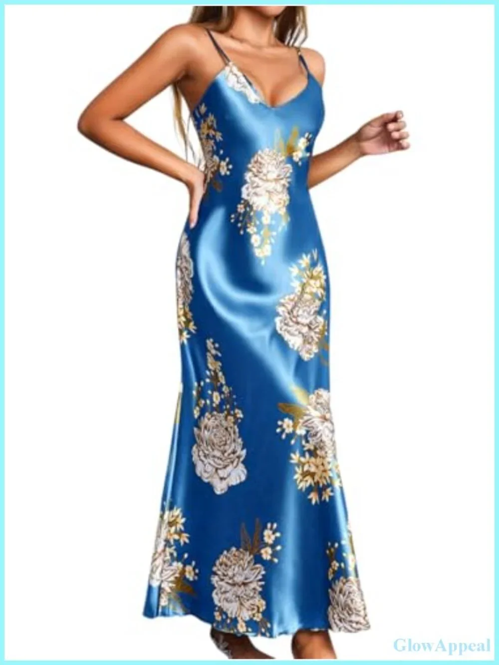 Silky Satin Floral Nightgown, Spaghetti Strap Slip, V-Neck Maxi Dress Sleepwear